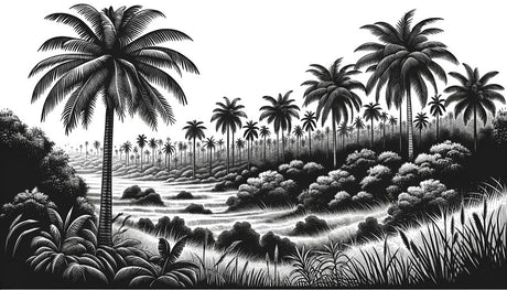 Black and white palm tree wallpaper design file showing detailed tropical pattern and high contrast finish
