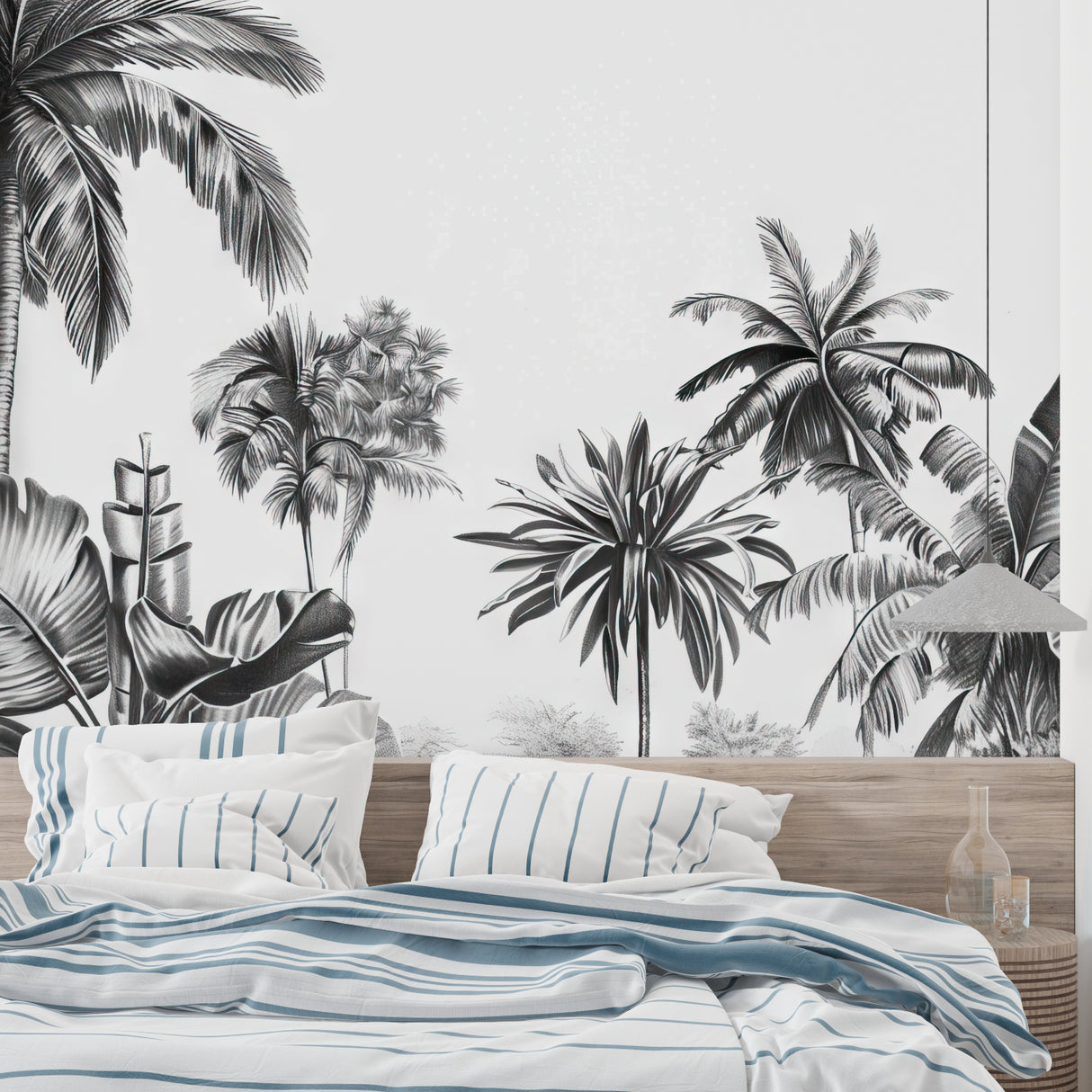 Monochrome palm tree wallpaper in minimalist bedroom with natural lighting