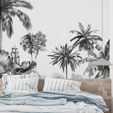 Monochrome palm tree wallpaper in minimalist bedroom with natural lighting