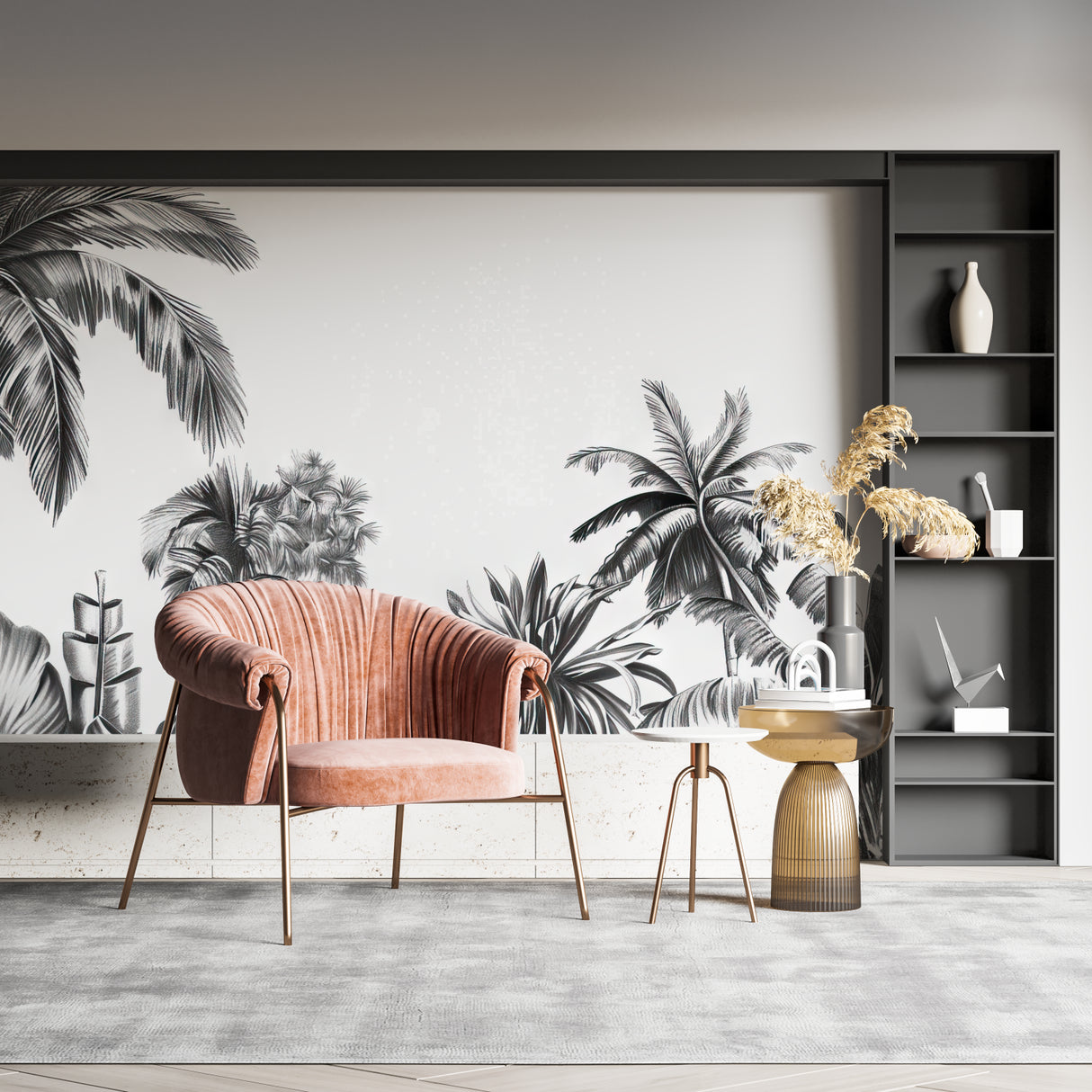 Tropical palm wall mural adding depth to dining room with contemporary furniture