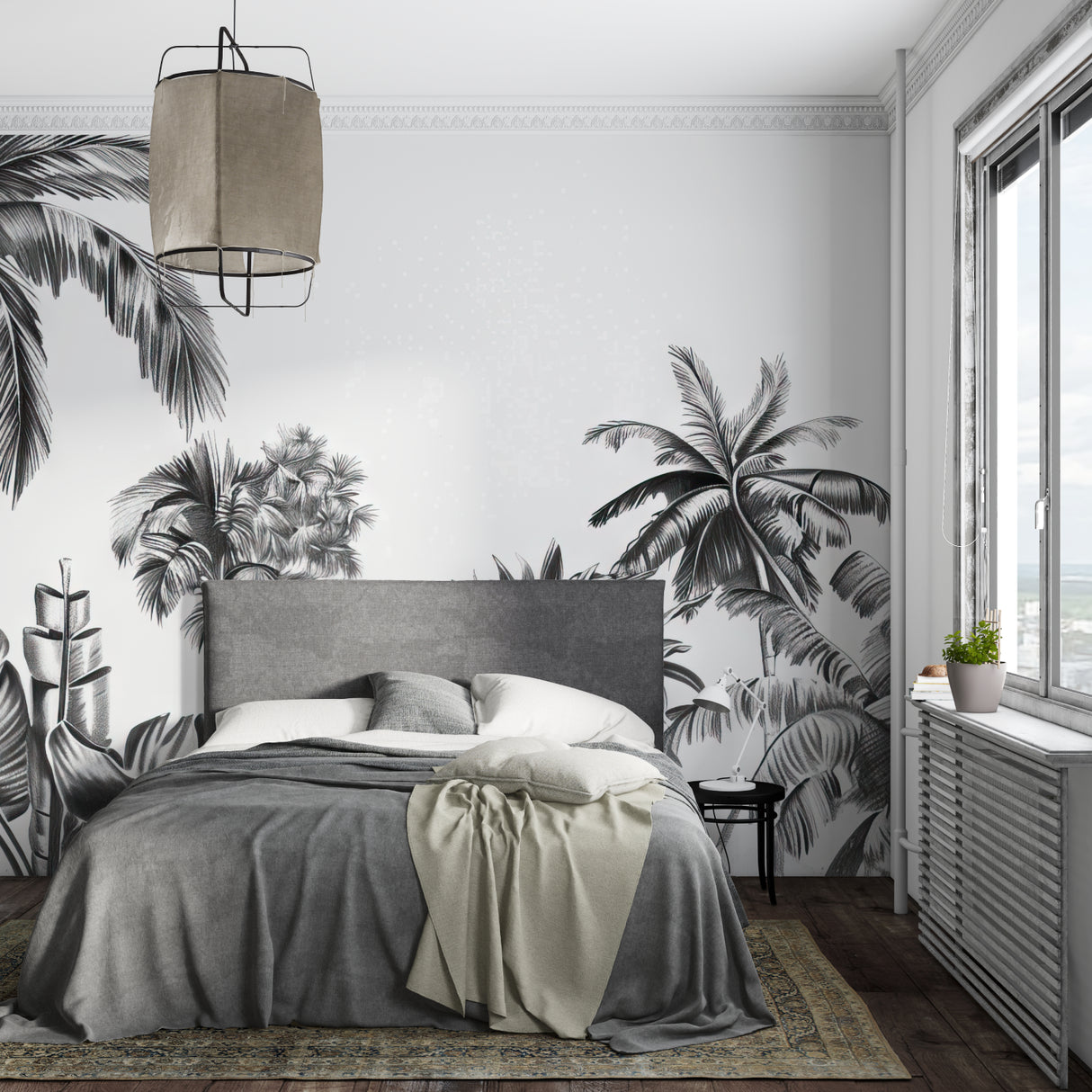 Black and white botanical mural in home office creating focused atmosphere