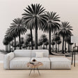 Black and white tropical palm tree wallpaper creating a stunning focal point in a modern living room with minimalist furniture
