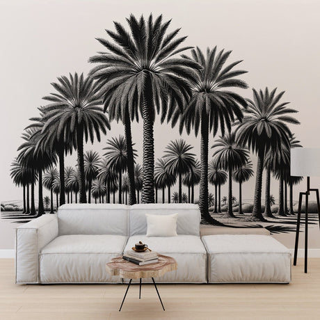 Black and white tropical palm tree wallpaper creating a stunning focal point in a modern living room with minimalist furniture