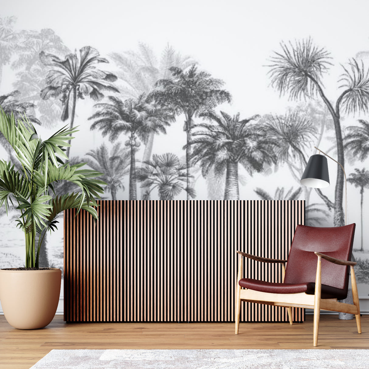 Tropical palm mural making a bold statement in a dining room with modern decor