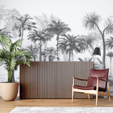 Tropical palm mural making a bold statement in a dining room with modern decor