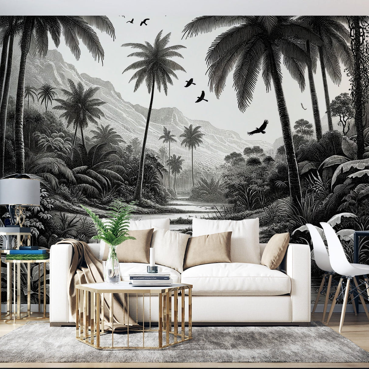 Tropical Paradise black and white mural wallpaper creating dramatic impact in modern living room with minimalist furniture