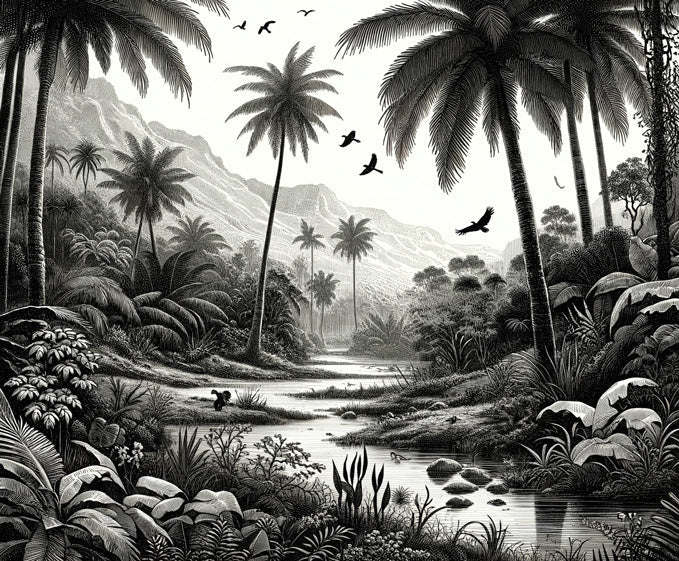 Black and white tropical paradise design file showing detailed palm trees and mountain landscape pattern