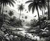 Black and white tropical paradise design file showing detailed palm trees and mountain landscape pattern