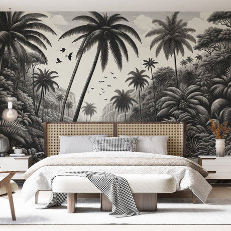 Black and white tropical paradise wallpaper creating a dramatic focal point in a modern living room with minimalist furniture
