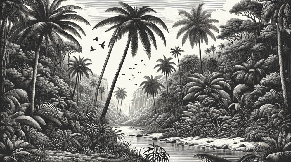 Black and white tropical paradise design file showing detailed palm trees and landscape pattern