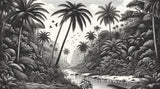 Black and white tropical paradise design file showing detailed palm trees and landscape pattern