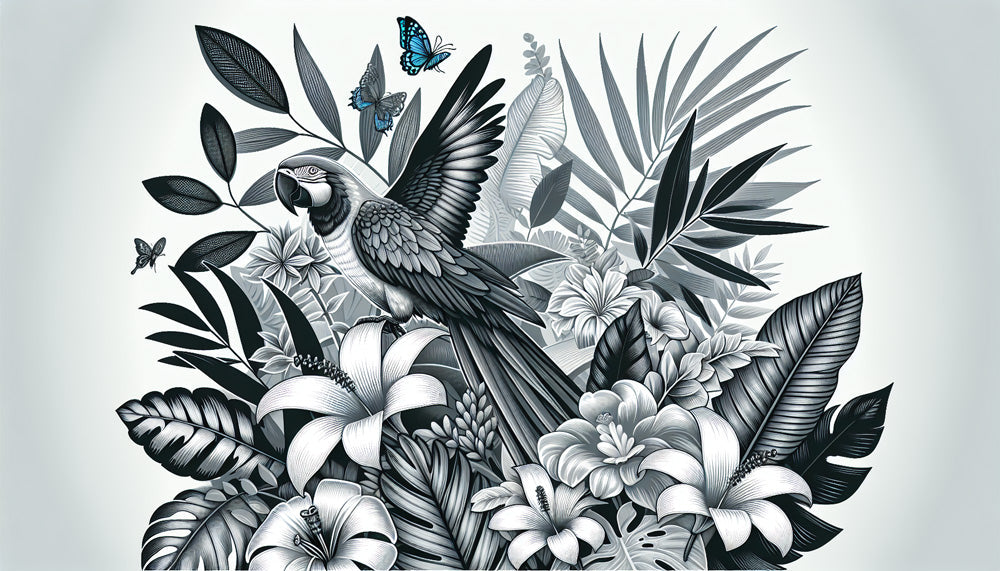 Black and white tropical parrot wallpaper design file with blue butterflies, showing intricate pattern details