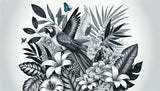 Black and white tropical parrot wallpaper design file with blue butterflies, showing intricate pattern details