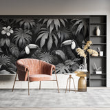 Monochrome toucan wallpaper making a statement in an elegant dining room