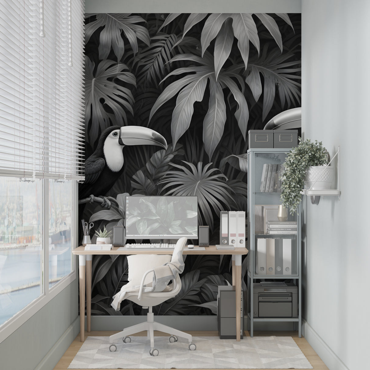 Sophisticated black and white jungle mural transforming a bedroom wall