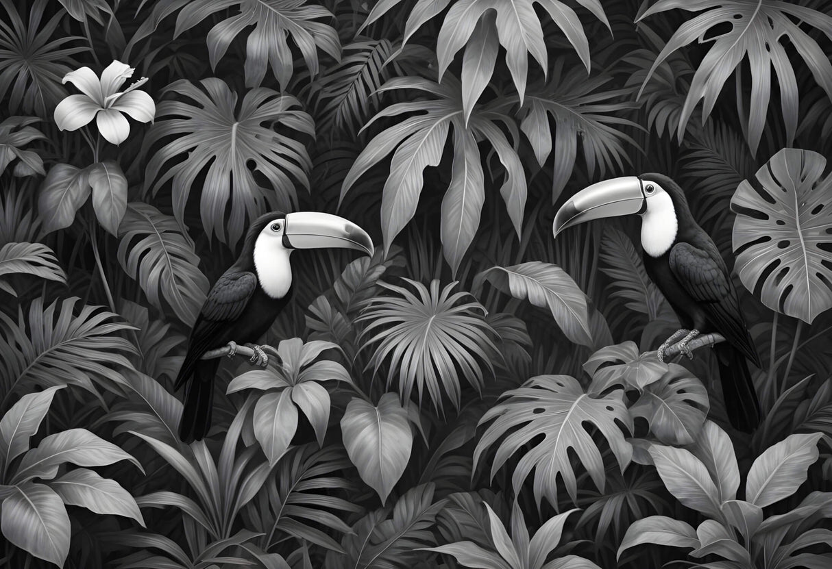 Black and white toucan jungle design file showing intricate leaf patterns and bird details