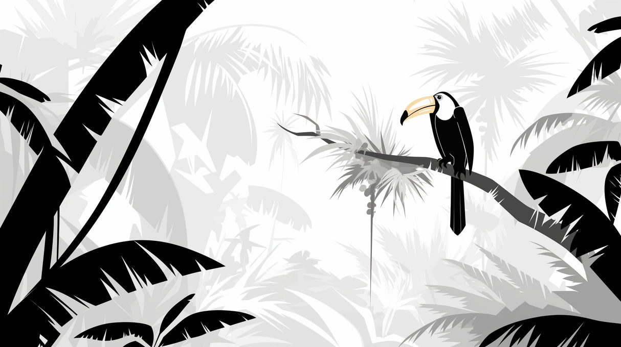 Black and white toucan paradise wallpaper design file showing detailed palm fronds and exotic foliage pattern