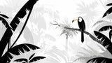 Black and white toucan paradise wallpaper design file showing detailed palm fronds and exotic foliage pattern