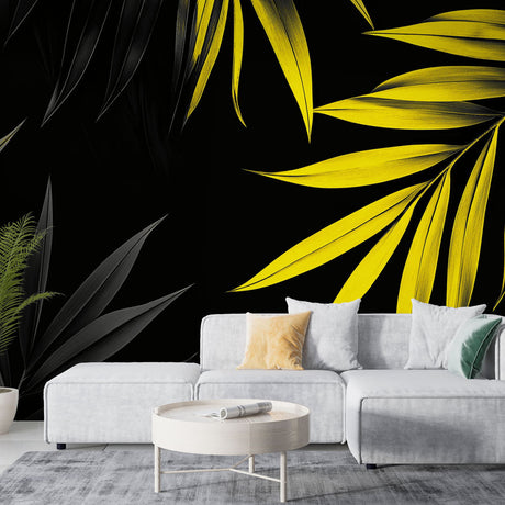 Tropical leaf wallpaper with yellow palm leaves on black background showcased in a modern living room setting