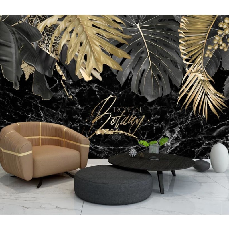 Luxury tropical wallpaper with black marble and gold leaves creating depth in master bedroom setting