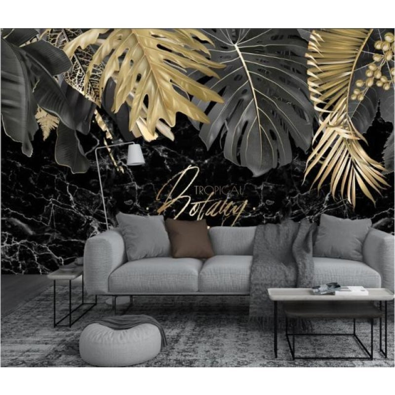 Black and gold tropical leaf mural in dining room showcasing elegant marble backdrop