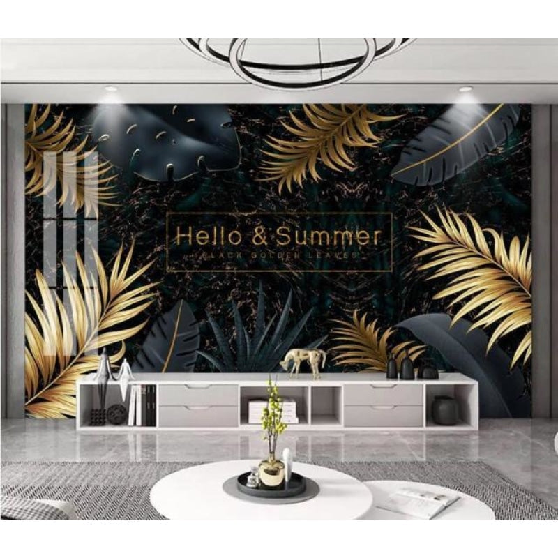 Dramatic tropical wallpaper with gold accents and black marble pattern in home office space