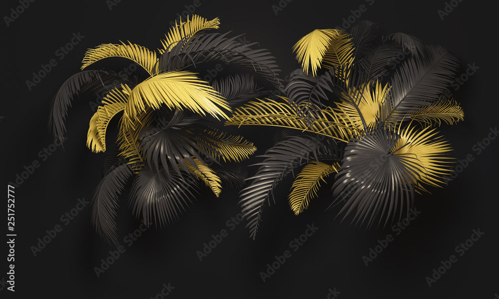 Design file of black marble and gold tropical leaves pattern showing intricate botanical details