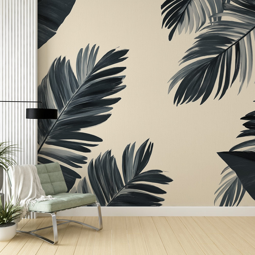 Tropical palm leaf wallpaper creating drama in a modern living room, black fronds casting elegant shadows on beige background