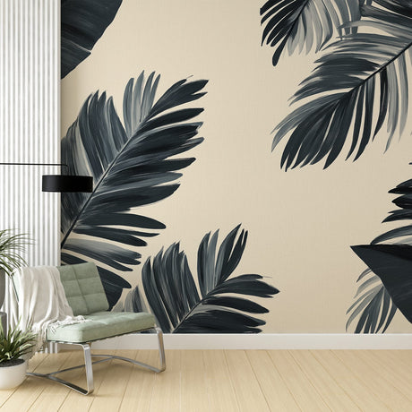 Tropical palm leaf wallpaper creating drama in a modern living room, black fronds casting elegant shadows on beige background