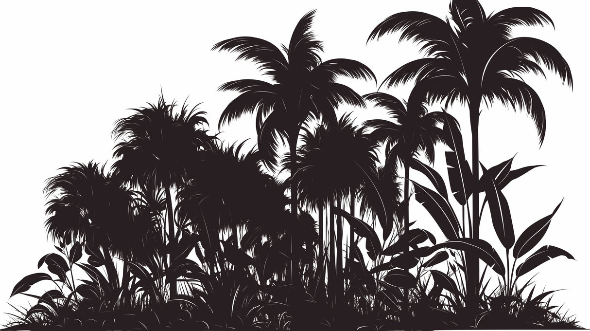 Black palm trees silhouette wallpaper design file showing detailed fronds and leaves pattern