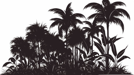 Black palm trees silhouette wallpaper design file showing detailed fronds and leaves pattern