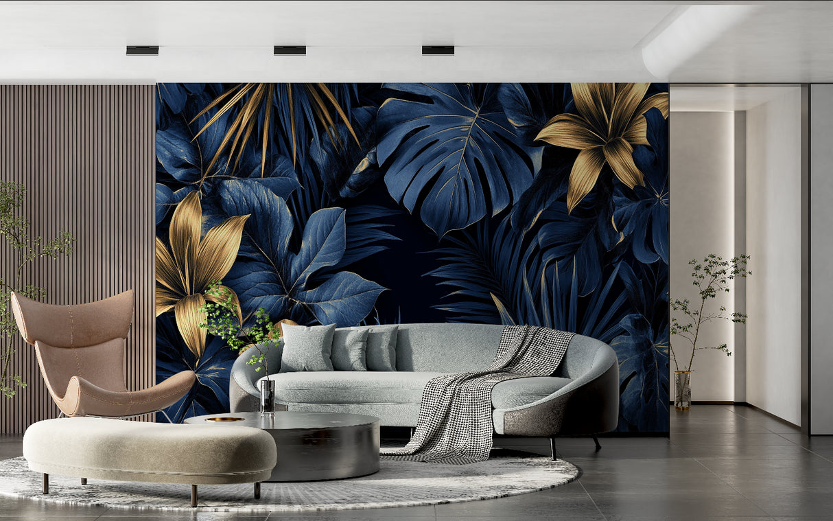 Blue and gold Monstera leaf wallpaper creating a luxurious atmosphere in modern living room