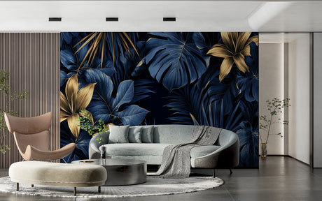 Blue and gold Monstera leaf wallpaper creating a luxurious atmosphere in modern living room