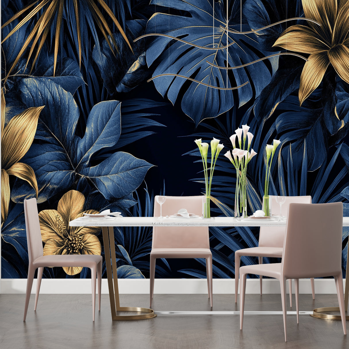 Blue and metallic gold tropical leaves brightening up home office