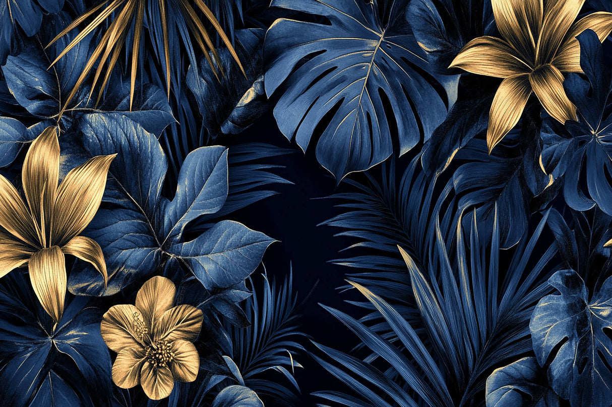 Design file of navy blue Monstera leaves with metallic gold accents pattern