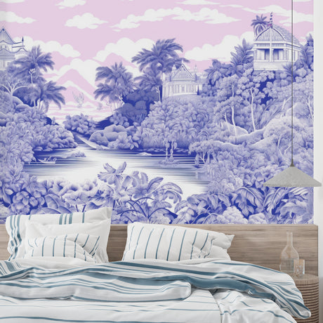 Tropical paradise wallpaper creating a calm atmosphere in a modern living room with blue and pink tones