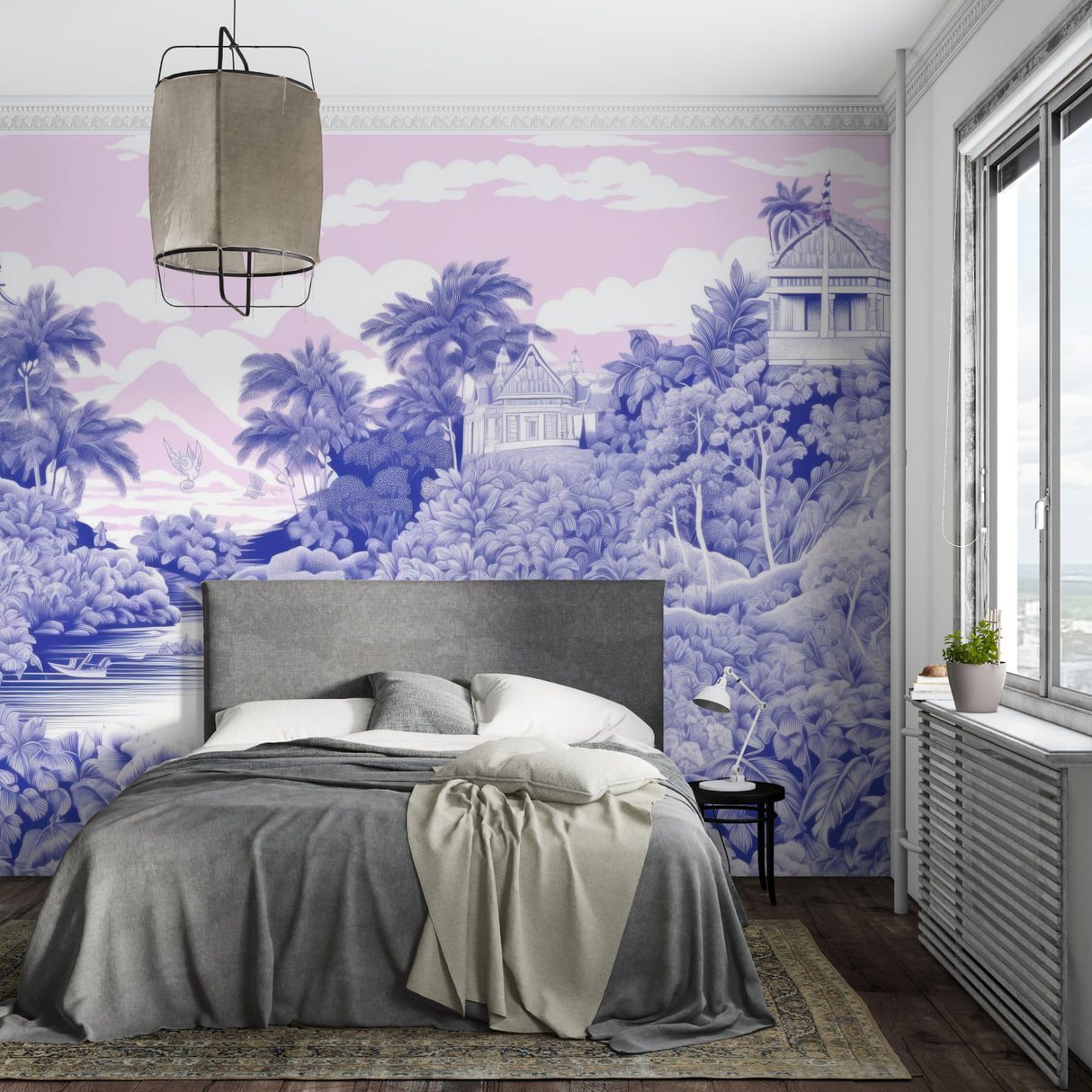 Blue tropical mural wallpaper showcased in a bright bedroom with natural lighting