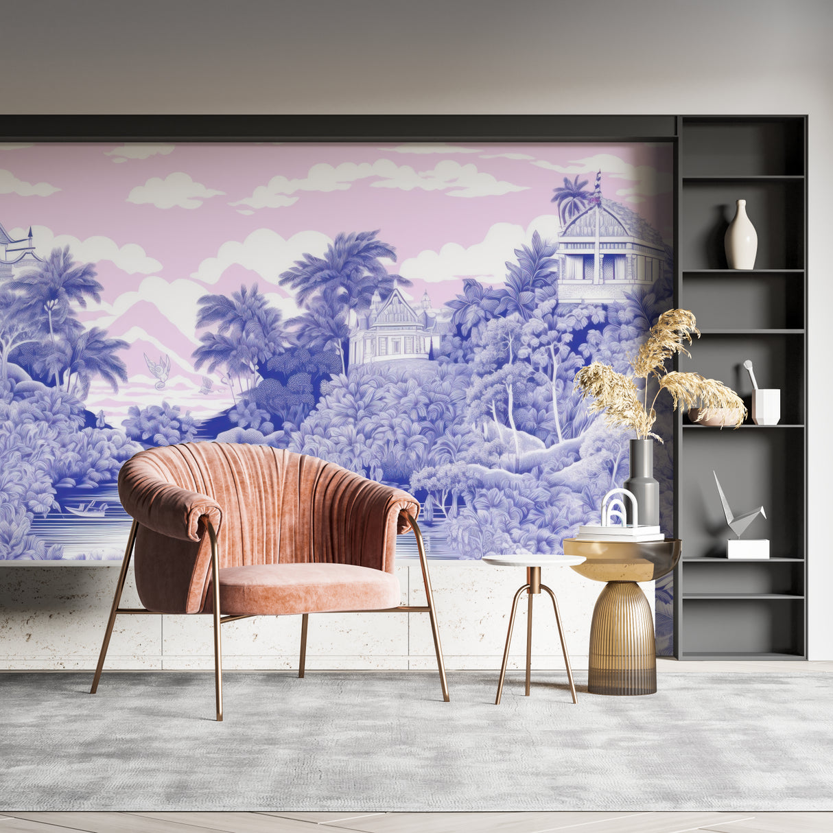 Oriental garden wallpaper design adding depth to a minimalist dining room