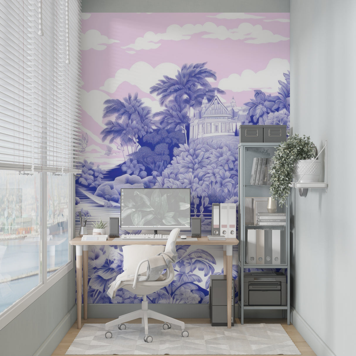 Tropical paradise scene wallpaper transforming a home office space