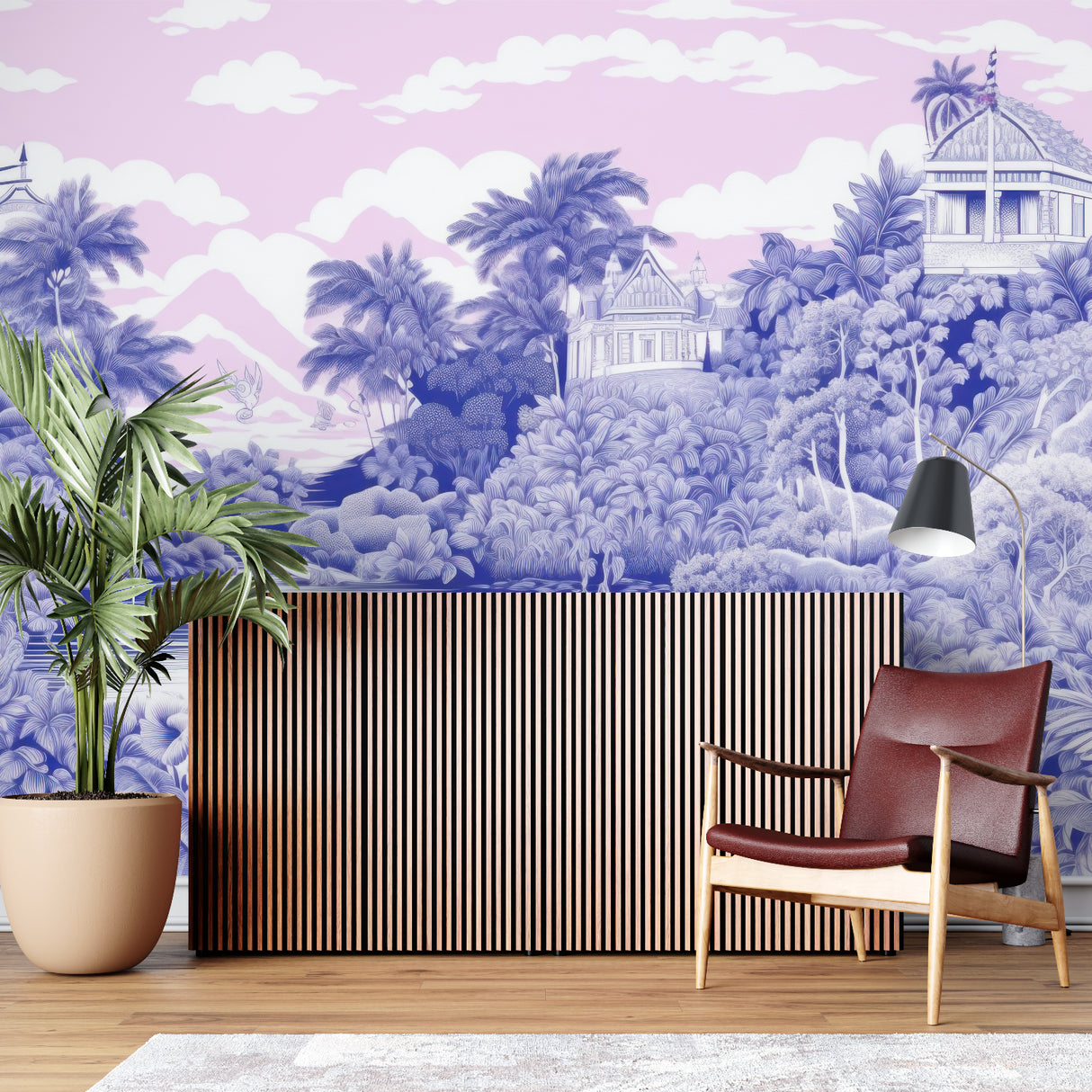 Blue and pink paradise mural creating a statement wall in an entrance hall