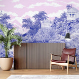 Blue and pink paradise mural creating a statement wall in an entrance hall