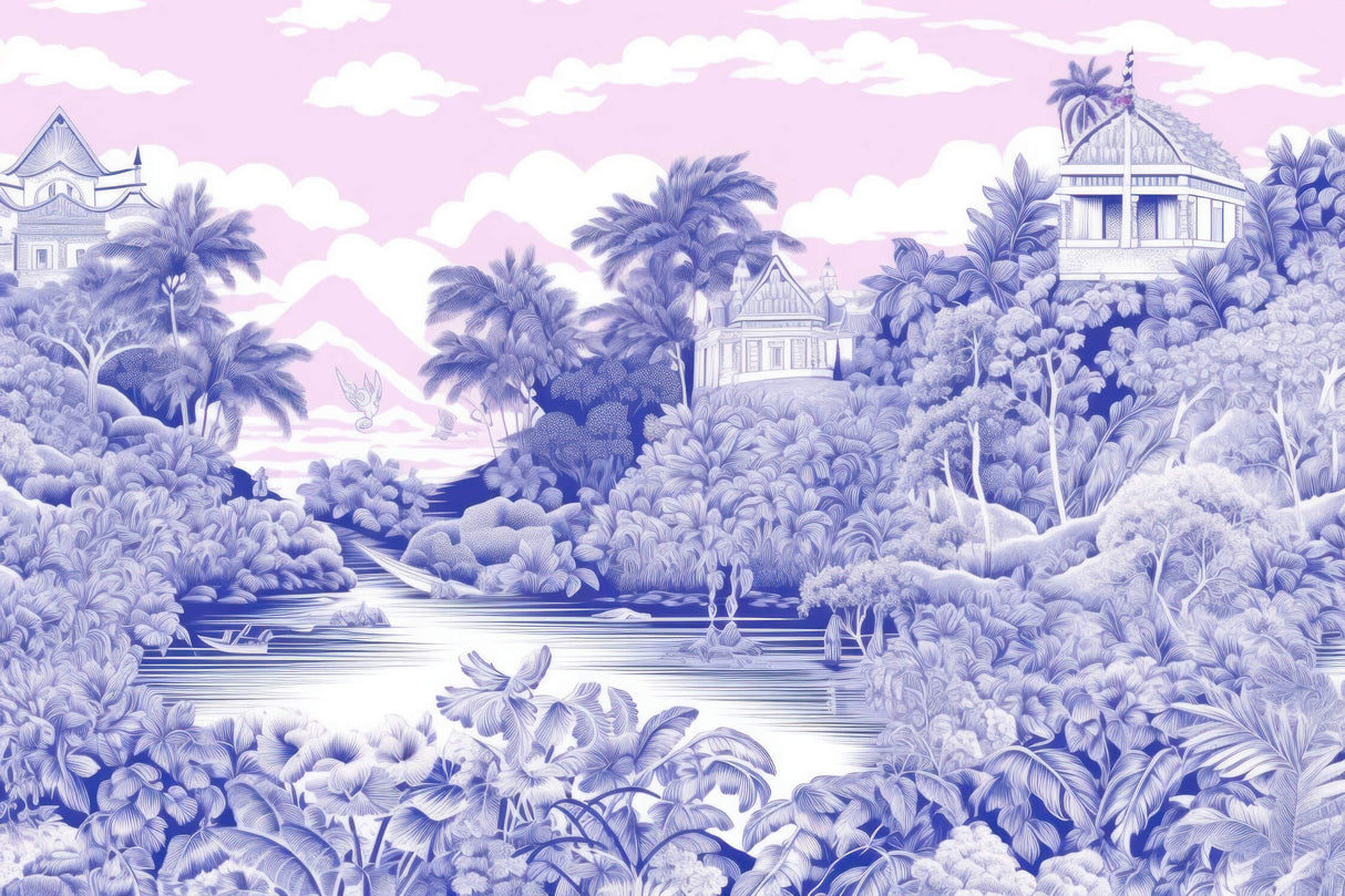 Tropical paradise design file showing detailed palm trees and architectural elements in blue and pink