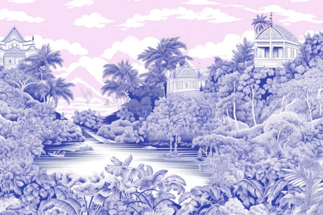 Tropical paradise design file showing detailed palm trees and architectural elements in blue and pink