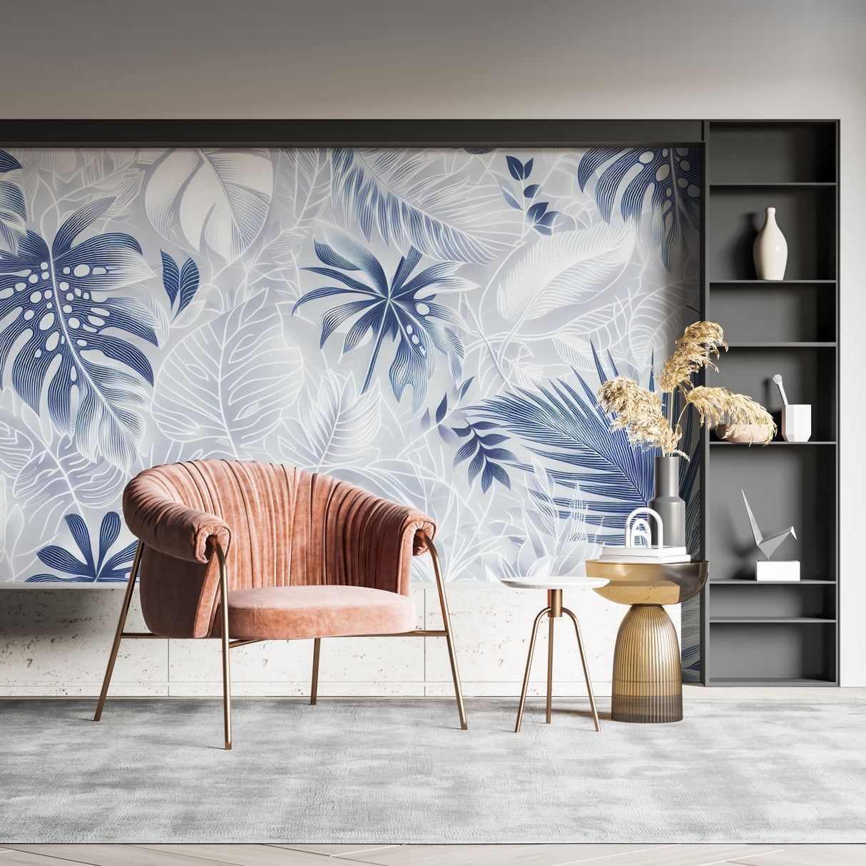 Master bedroom featuring elegant blue Monstera leaf wall mural adding peaceful vibes