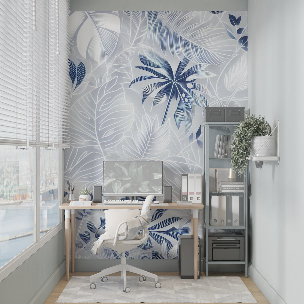 Dining room transformed with modern tropical leaf wallpaper in calming blue tones