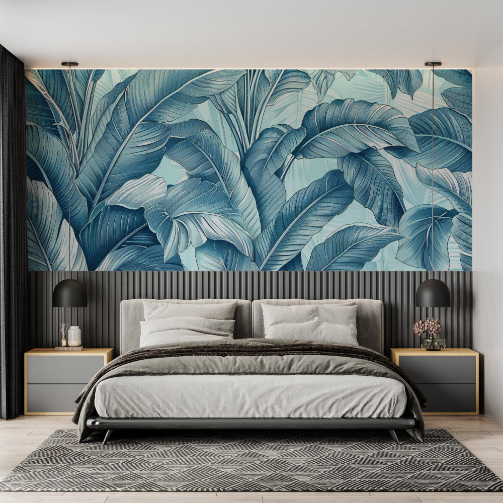 Blue tropical wall mural showcased in a bright dining room with natural light
