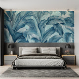 Blue tropical wall mural showcased in a bright dining room with natural light