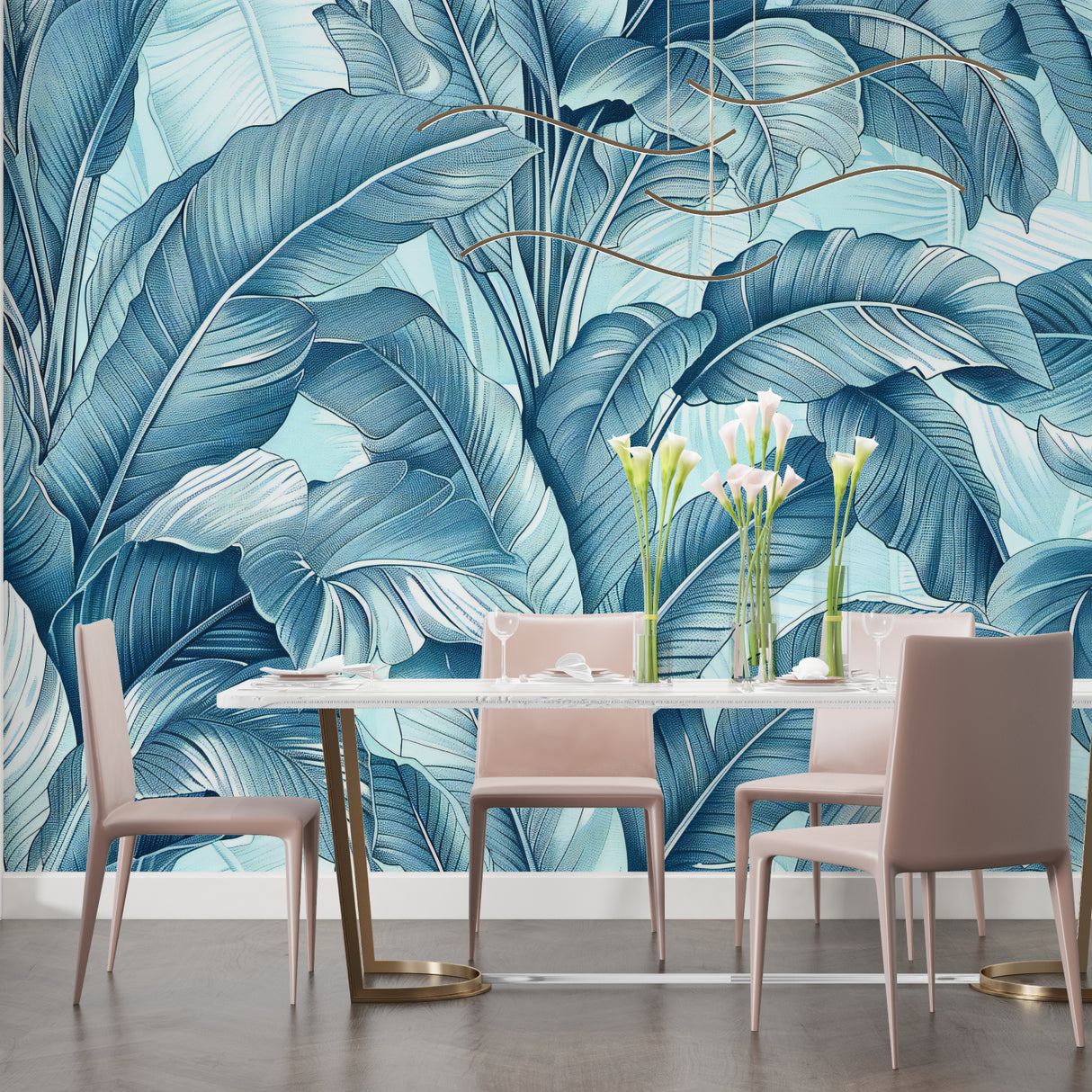 Banana leaf pattern wallpaper adding tropical flair to a master bedroom