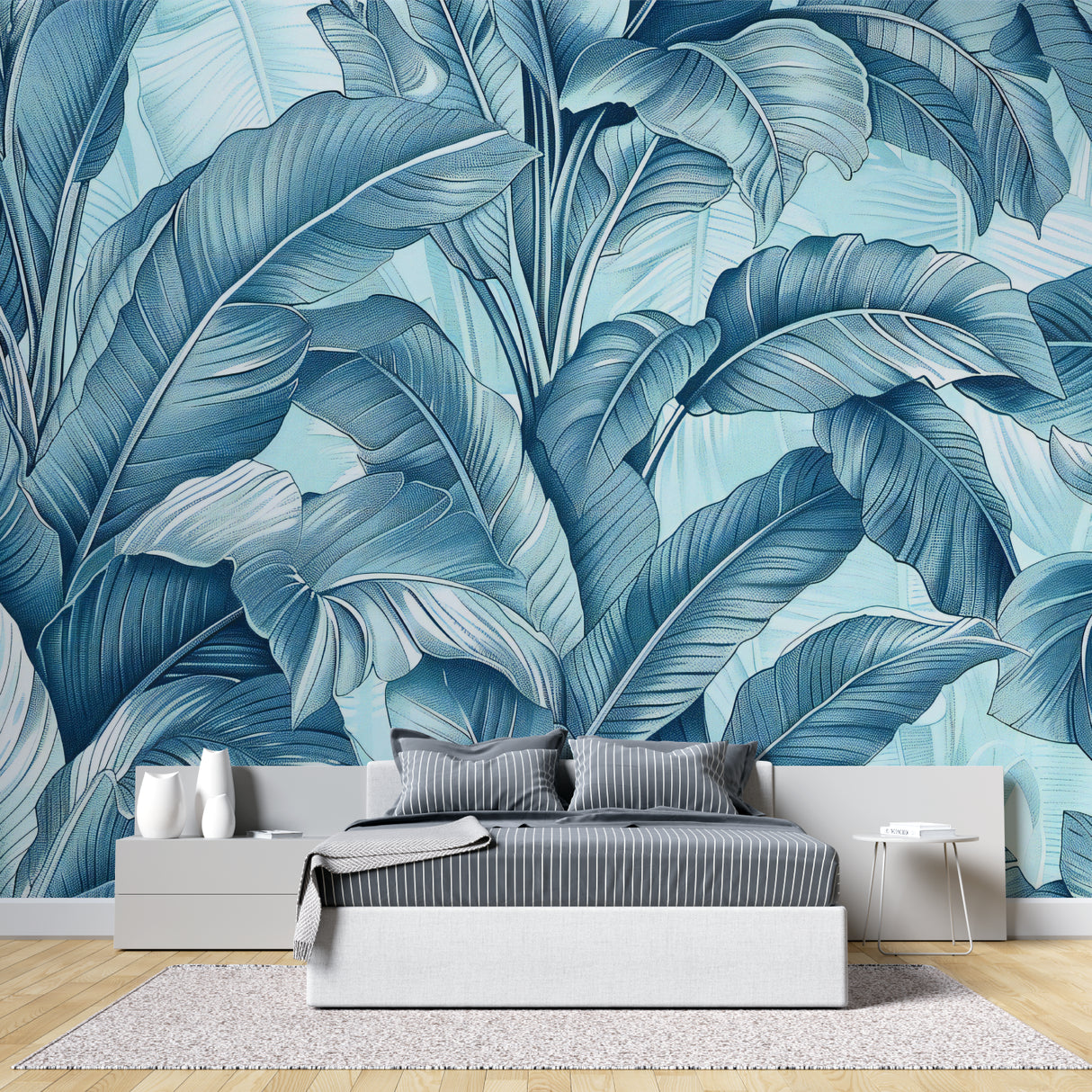 Blue botanical wallpaper creating a fresh look in a modern home office