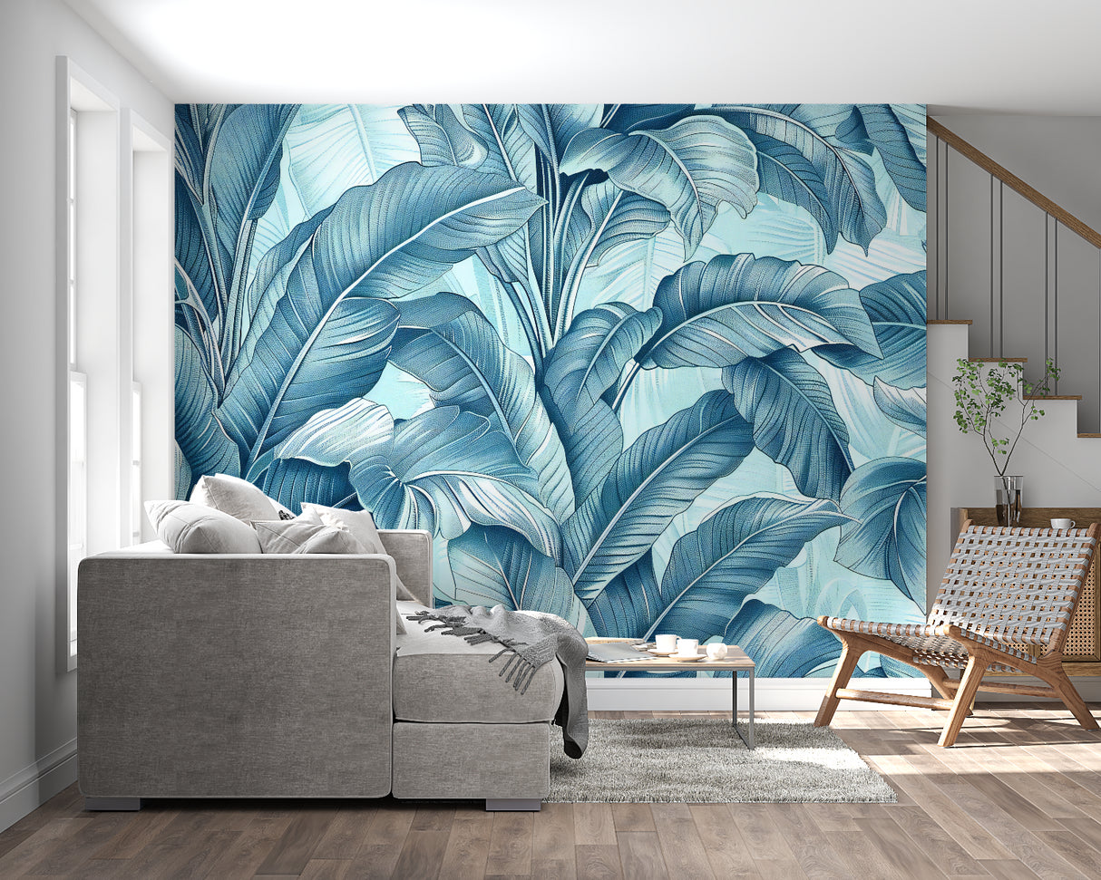 Tropical leaf mural installation in a contemporary bathroom setting